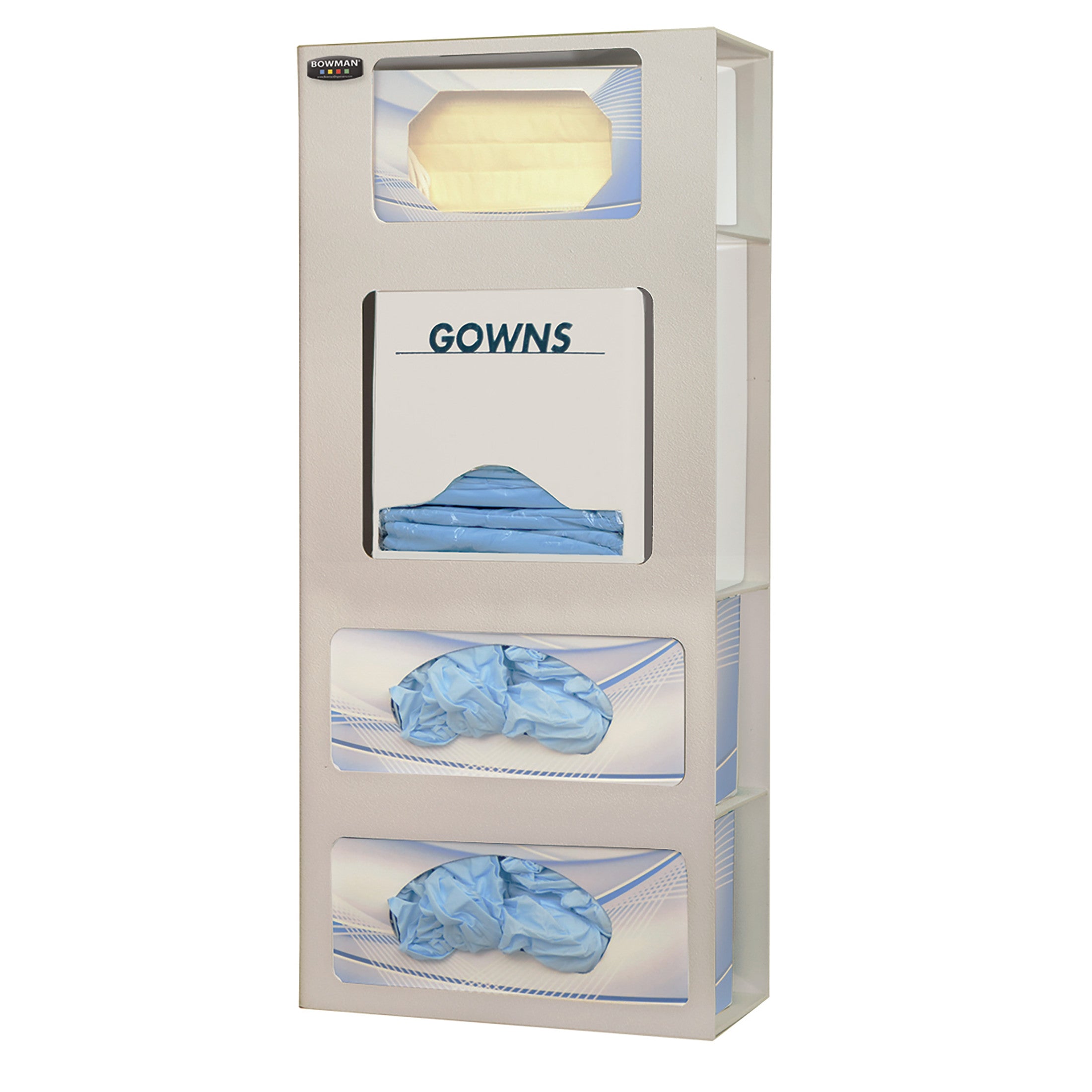 Bowman ABS Combo Surgical Face Mask Dispenser with compartments for masks, gowns, and gloves in a beige frame.