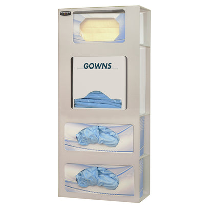 Bowman ABS Combo Surgical Face Mask Dispenser with compartments for masks, gowns, and gloves in a beige frame.