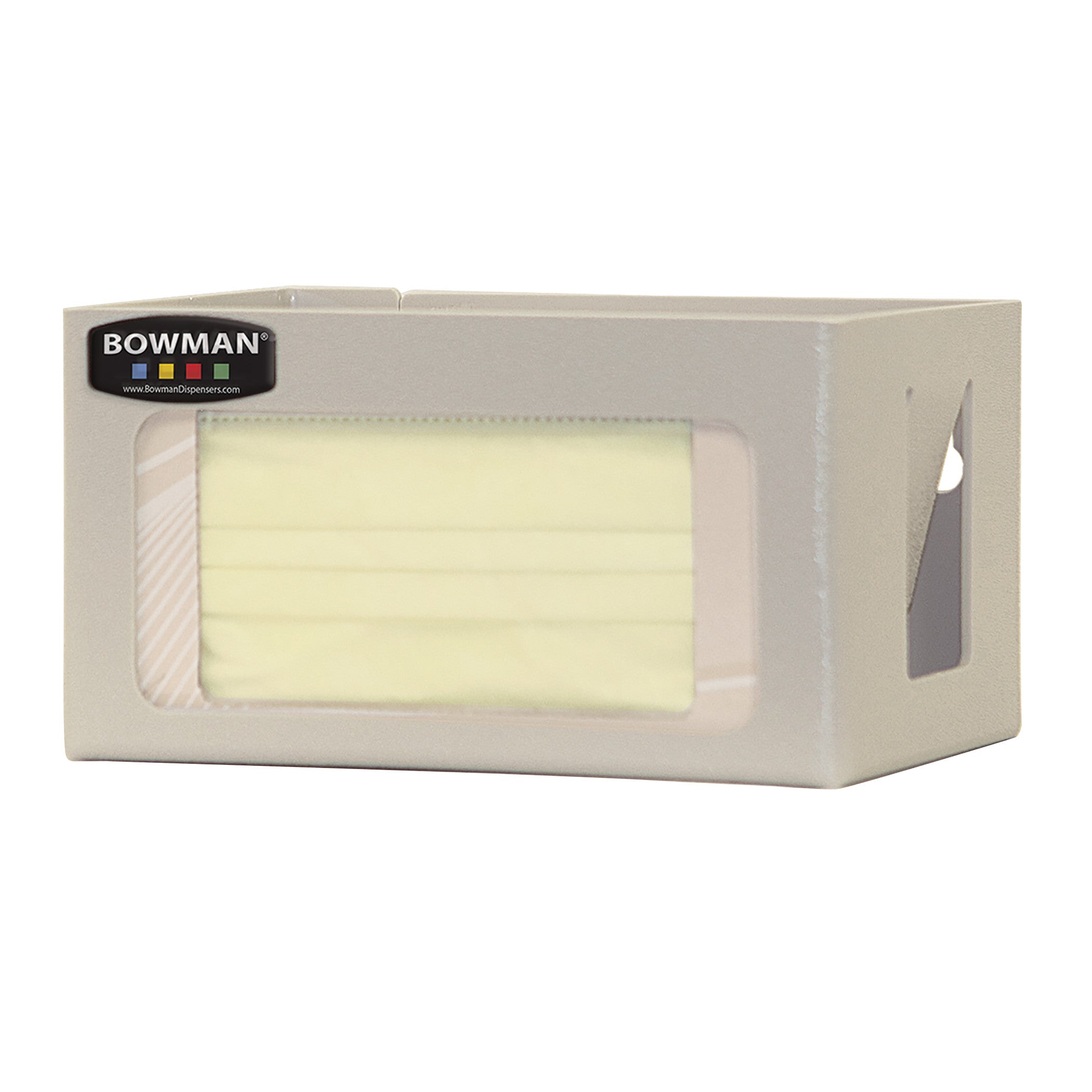 The Bowman Universal Face Mask Dispenser is a beige box with a transparent window displaying yellow face masks inside.