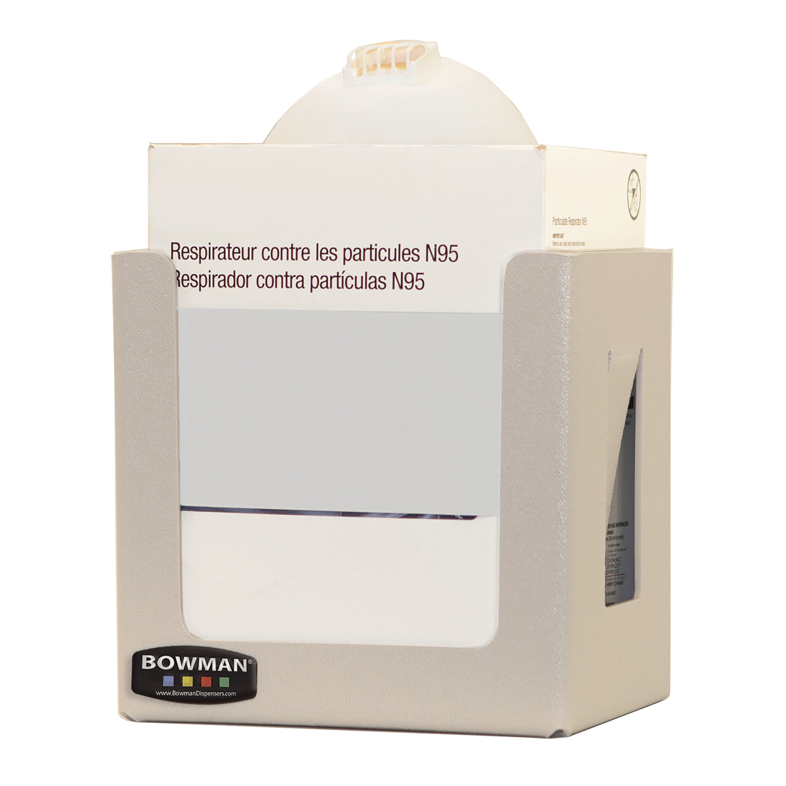 Bowman Universal Cone-Style Face Mask Dispenser holds a box of N95 masks. It is beige with a clear window on the front.