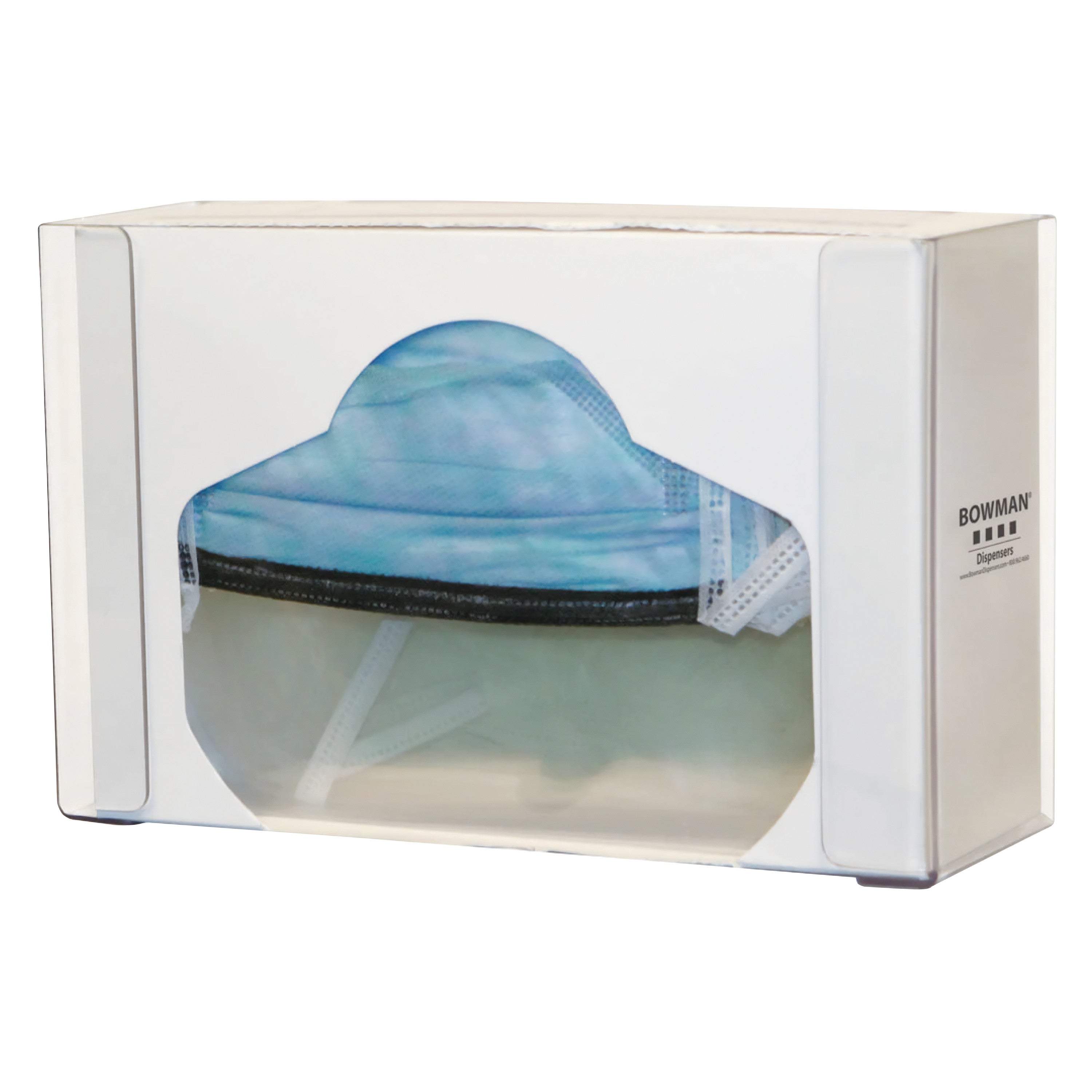 A clear container holds face masks, labeled "Bowman Single Clear PETG Face Shield Dispenser," with a mask outline on the front.