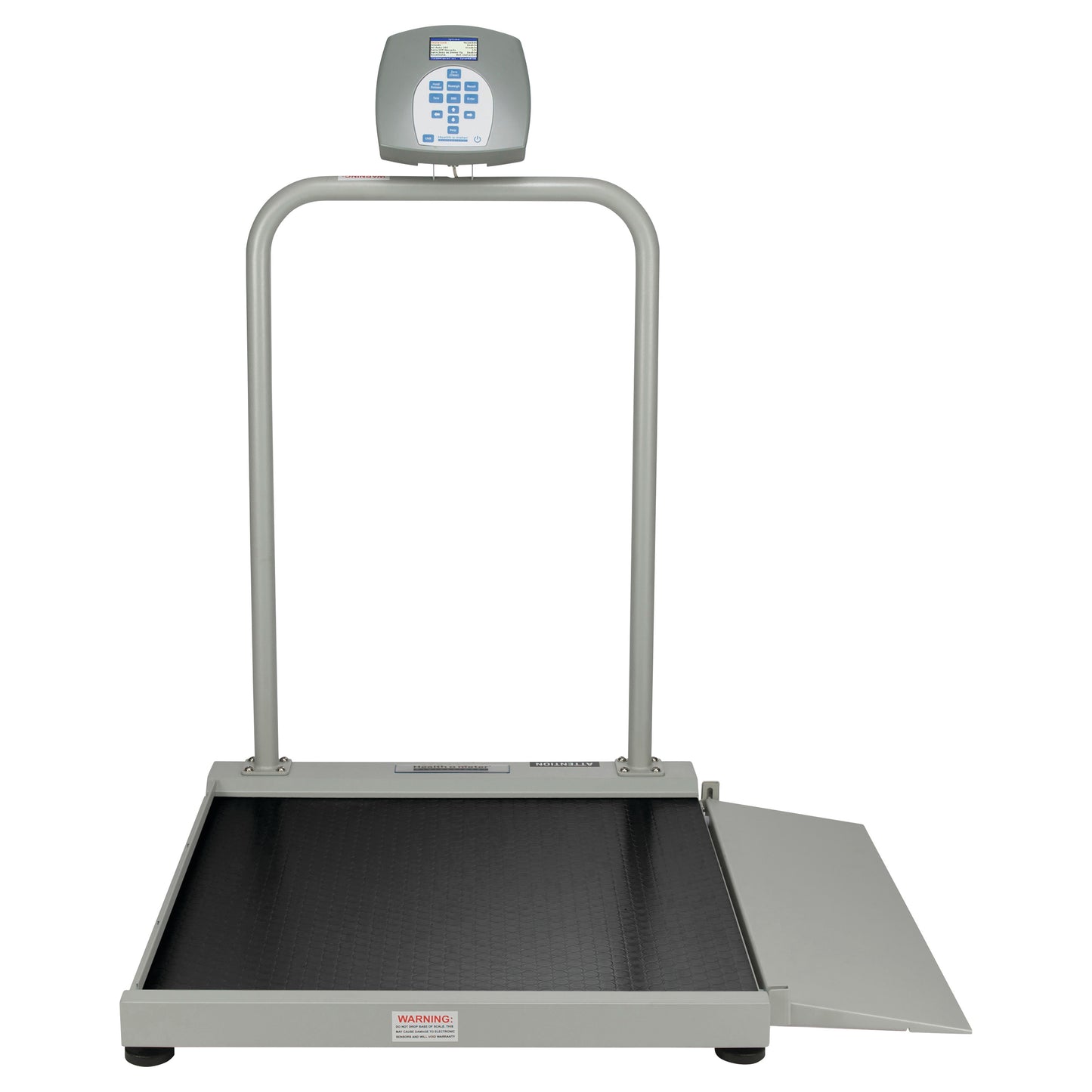 A Health o meter Digital Wheelchair Ramp Scale with a digital display, handrails, and a ramp on a black weighing platform.