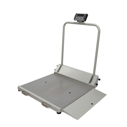 The Health o meter Digital Wheelchair Ramp Scale features a flat platform with a handrail and a digital display for weighing.