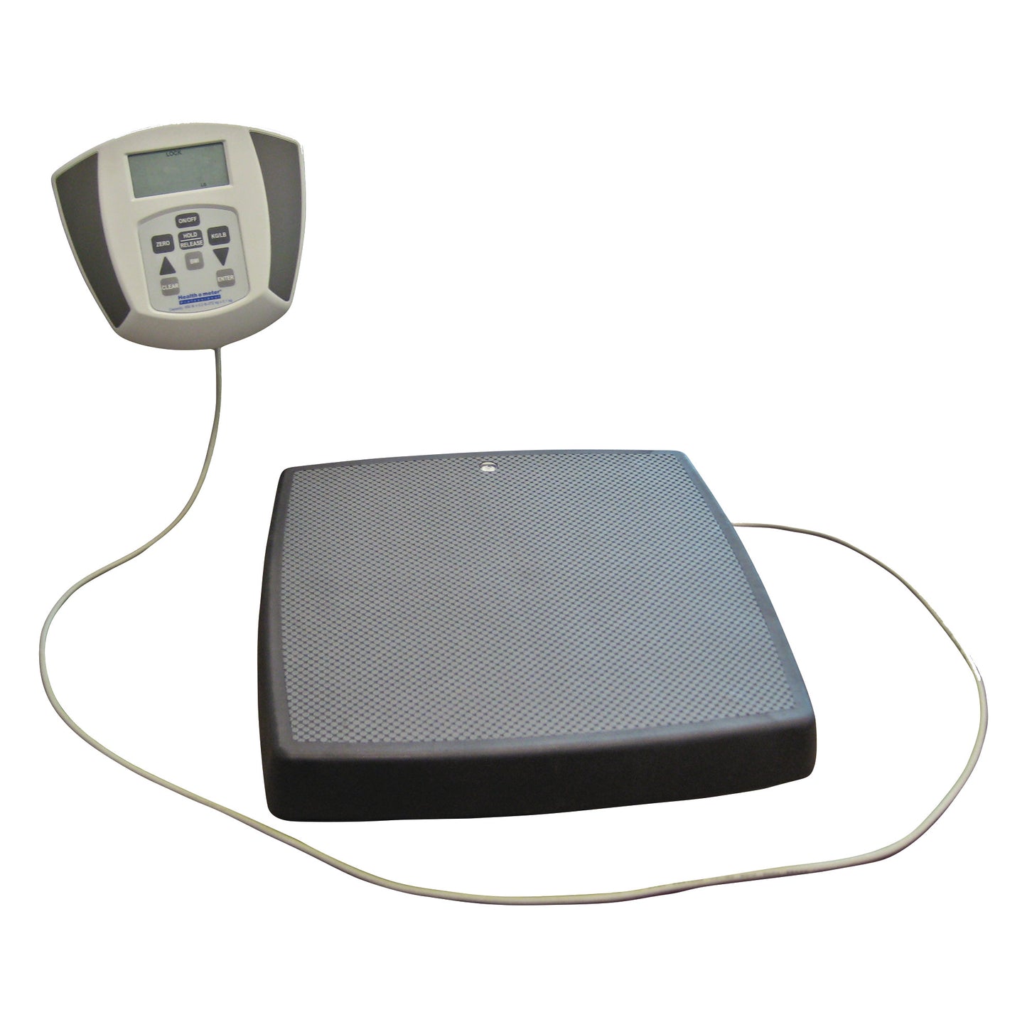 Health o meter Heavy-Duty Digital Floor Scale with a textured black platform and wired digital display showing control buttons.