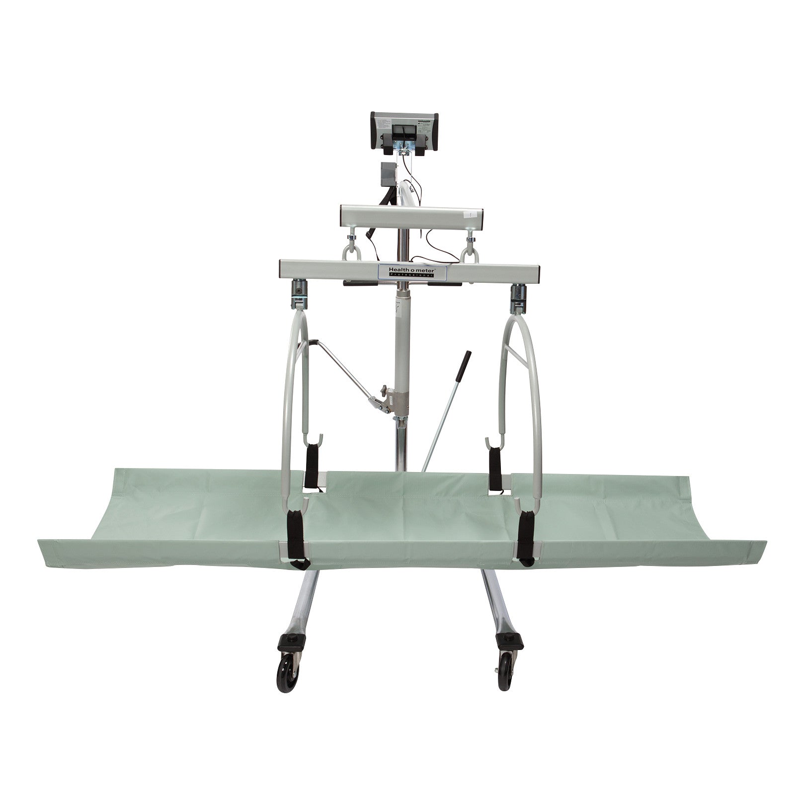 Health o meter Digital In-Bed/Stretcher Scale with a digital display, metal frame, green canvas sheet, and wheeled base.