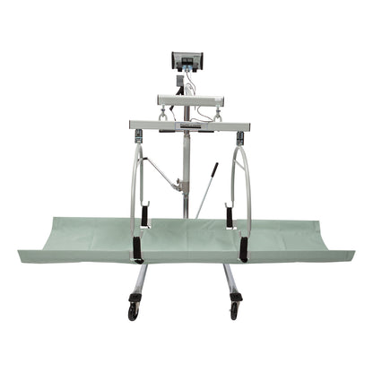 Health o meter Digital In-Bed/Stretcher Scale with a digital display, metal frame, green canvas sheet, and wheeled base.