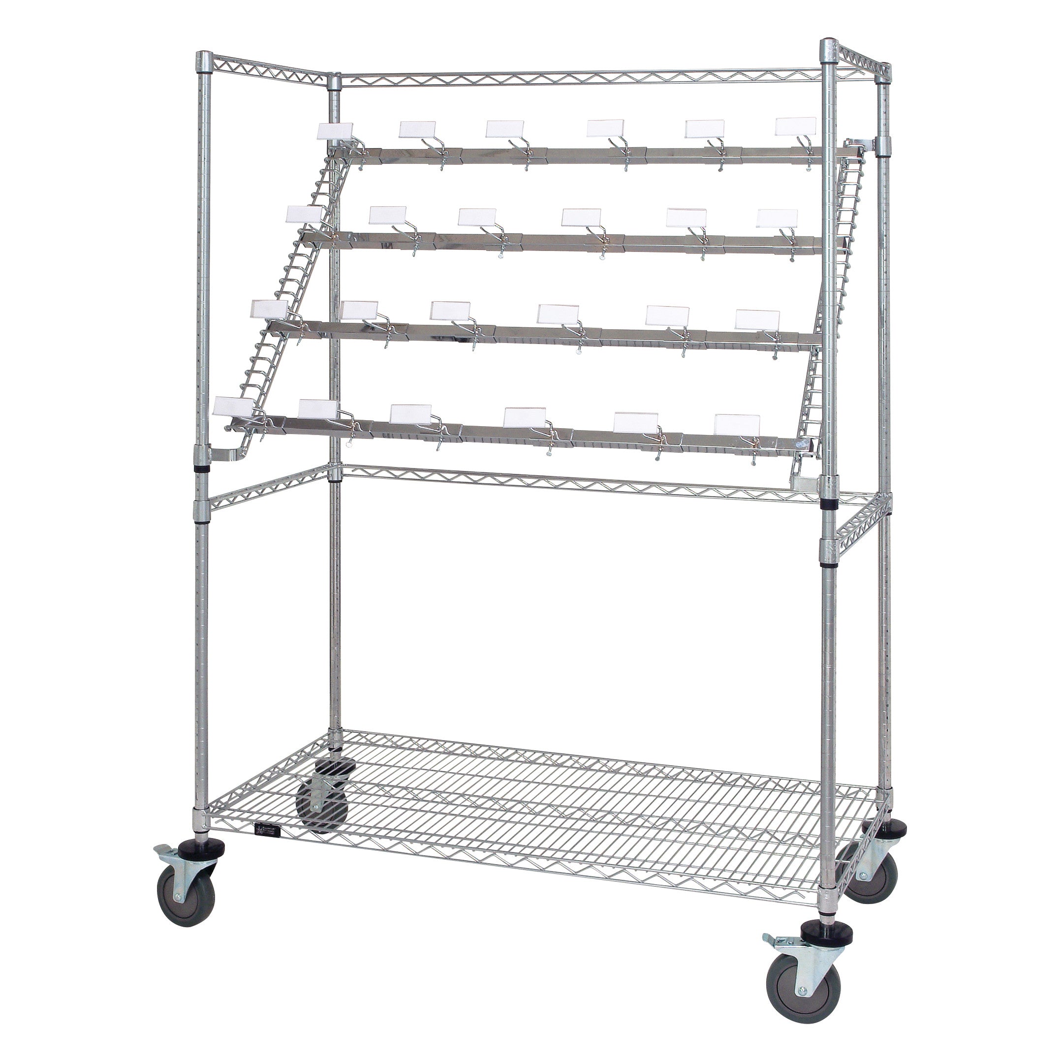 Quantum Storage Catheter Hold and Store Cart, a metal wire cart with angled racks for hanging and storing catheters, on wheels.