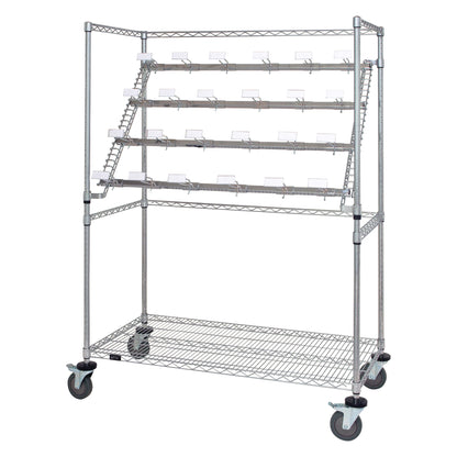 Quantum Storage Catheter Hold and Store Cart, a metal wire cart with angled racks for hanging and storing catheters, on wheels.