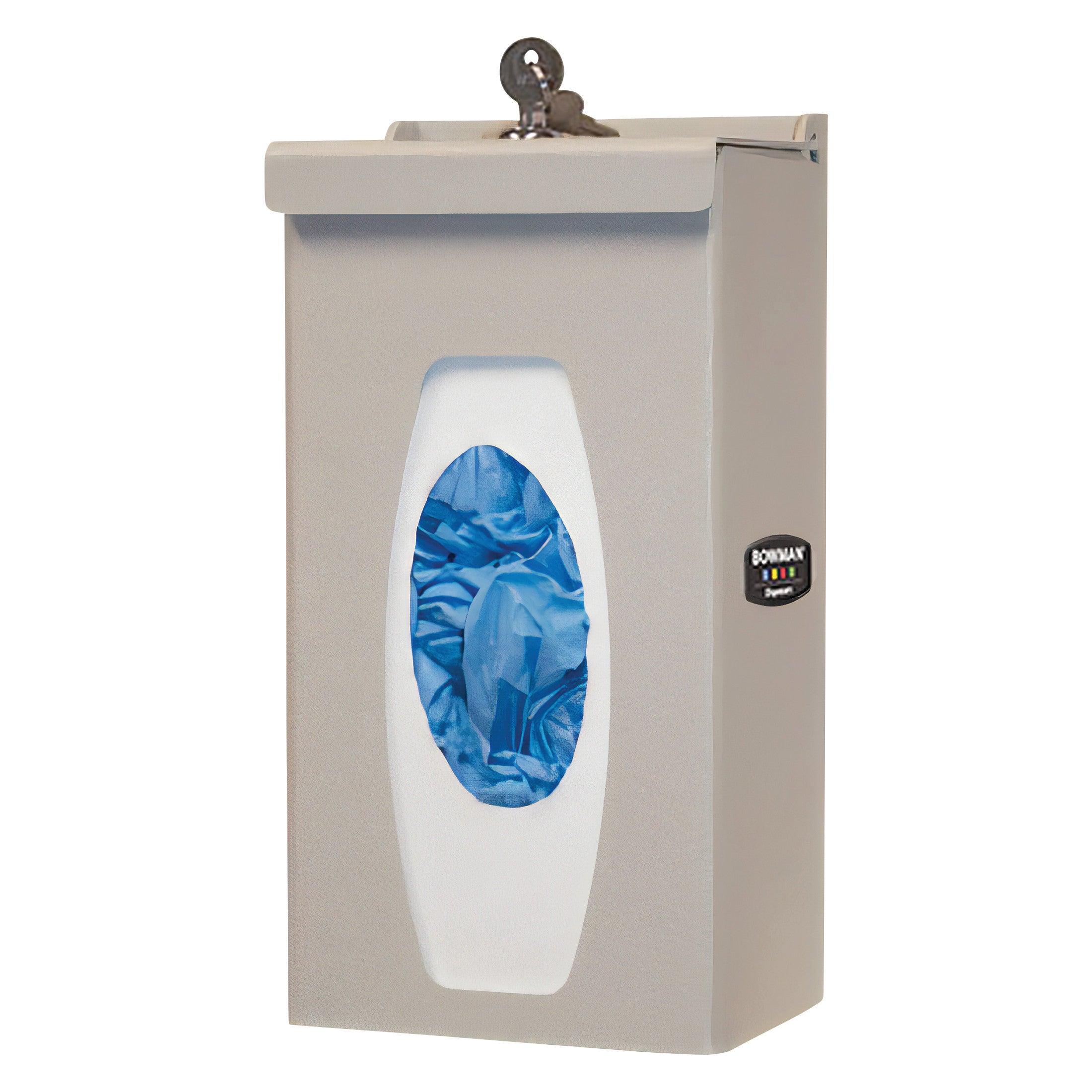 Wall-mounted Single Glove Box Dispenser for Bowman Dual-Sided Floor Stand, holding blue gloves, with a locking lid.