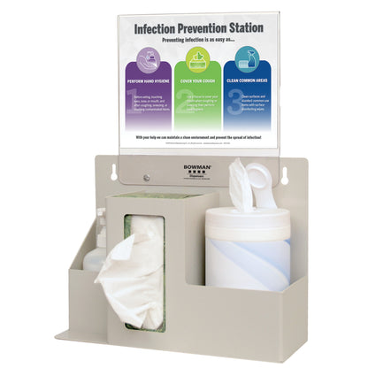 Bowman Counter/Wall Infection Prevention System with Sign Holder: features compartments for tissues, sanitizer, wipes, and a sign.