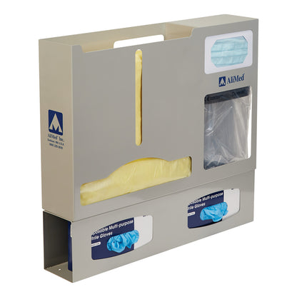 AliMed PPE Organizer with compartments for masks, gowns, and gloves. It has a handle on top and clear viewing windows.