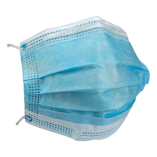 A blue Strapit Surgimask Disposable Face Mask with ear loops, shown from the side.