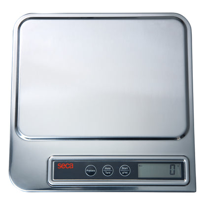 This is the seca 856 Digital Organ and Diaper Scale, featuring a stainless steel surface and digital display with control buttons.