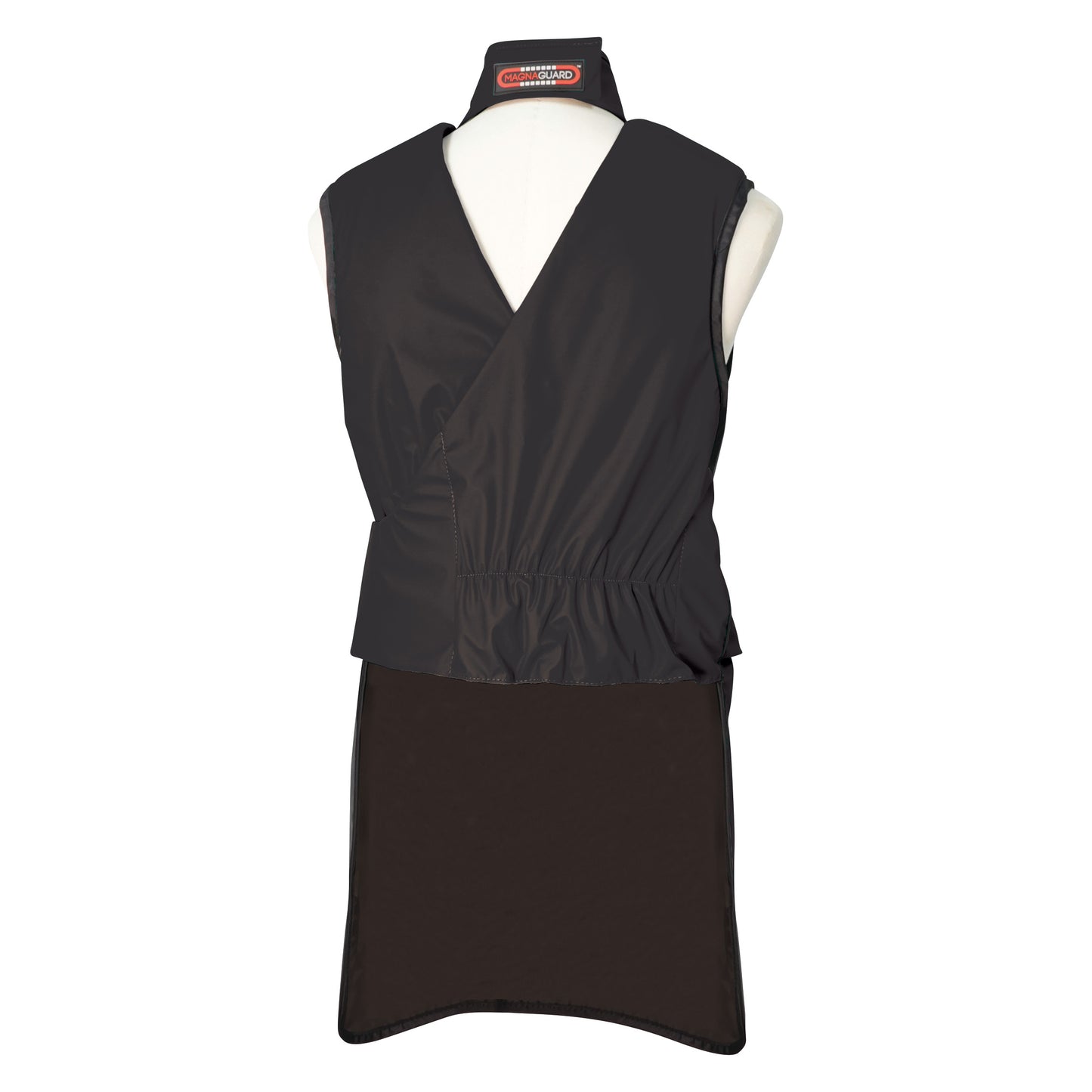 Barrier Technologies MagnaGuard Frontal Lead-Free Apron in black, displayed on a mannequin, with a V-neck and waist gathering.