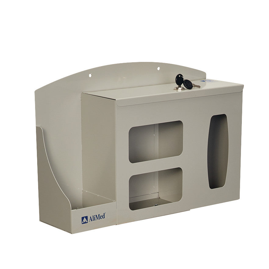 Metal AliMed Infection Prevention Station with compartments and lock, designed for organizing medical supplies.