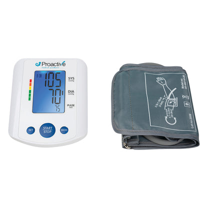Protekt BP Upper Arm Blood Pressure Monitor with digital display and cuff, showing systolic, diastolic, and pulse readings.