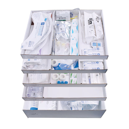 Set of 5 Drawer Refill Kits for Emergency Medical Carts, containing various medical supplies organized in compartments.