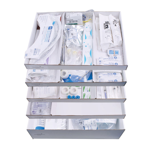 Set of 5 Drawer Refill Kits for Emergency Medical Carts, containing various medical supplies organized in compartments.