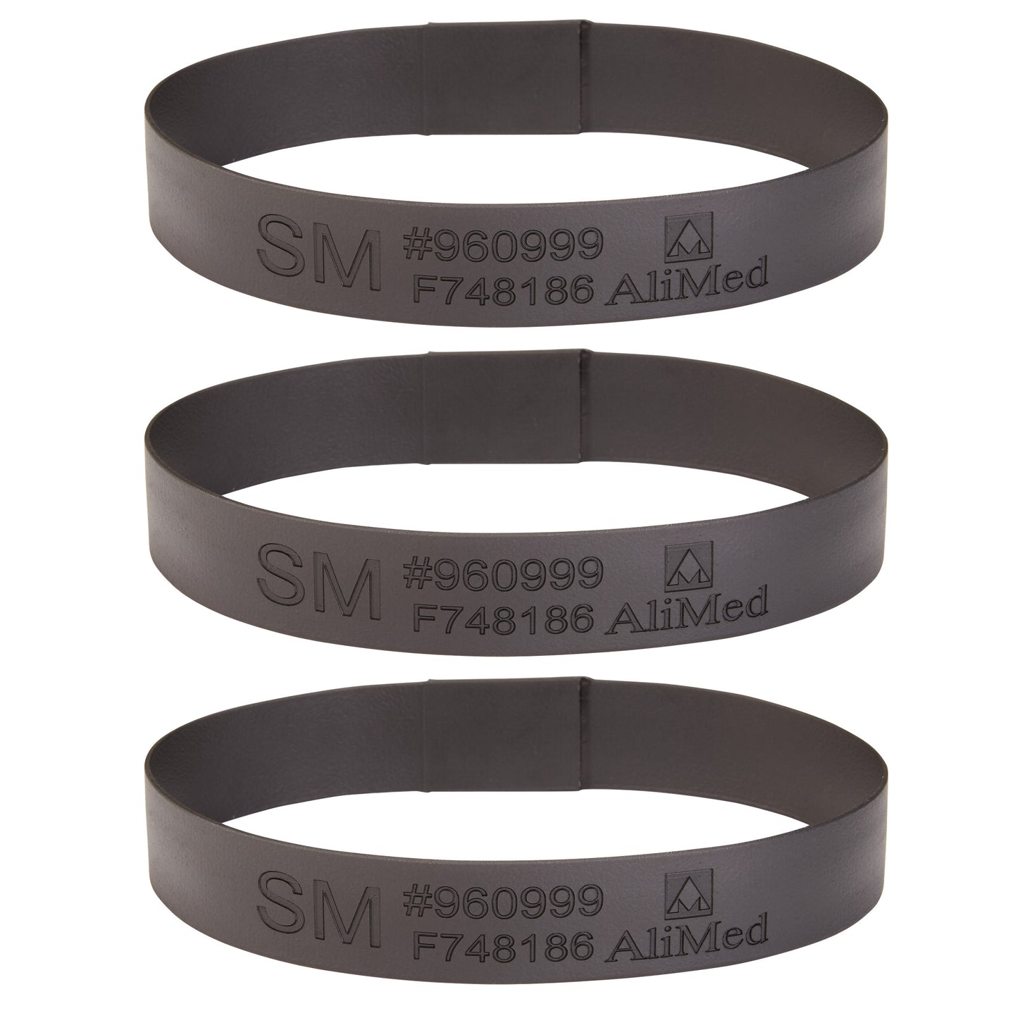 Three black bands labeled "SM" and "AliMed" with codes, shown. Product: Small Loop for AliMed Dialysis Arm Positioner.