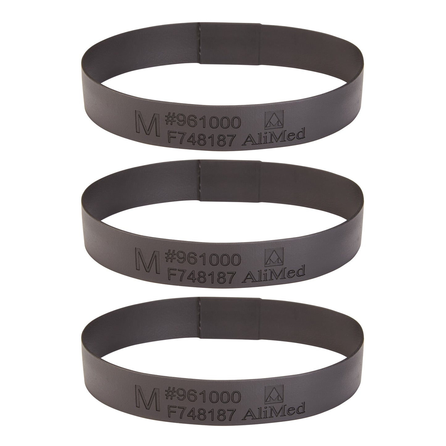 Three black "Medium Loop for AliMed Dialysis Arm Positioner" bands with product details, arranged vertically.