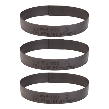 Three black "Medium Loop for AliMed Dialysis Arm Positioner" bands with product details, arranged vertically.