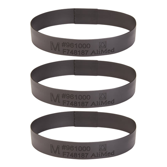 Three black "Medium Loop for AliMed Dialysis Arm Positioner" bands with product details, arranged vertically.