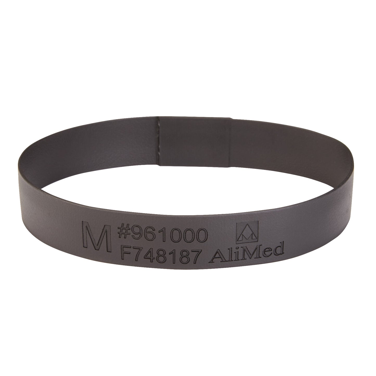 A black Medium Loop for AliMed Dialysis Arm Positioner is displayed, showing product numbers and the word "AliMed" embossed on it.