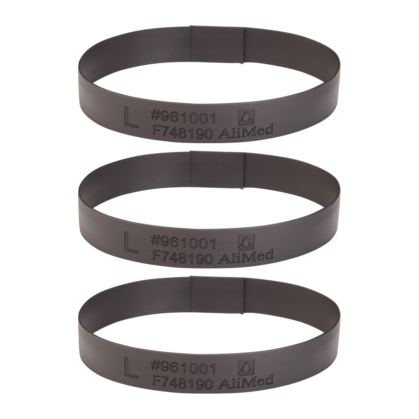 Three Large Loops for AliMed Dialysis Arm Positioner are shown in black, with product details printed on each band.