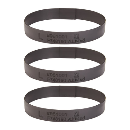 Three Large Loops for AliMed Dialysis Arm Positioner are shown in black, with product details printed on each band.