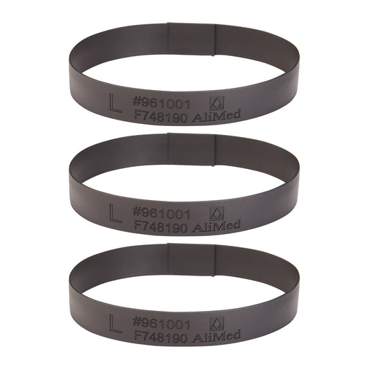 Three Large Loops for AliMed Dialysis Arm Positioner are shown in black, with product details printed on each band.