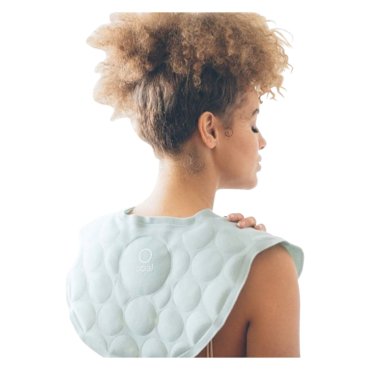 Woman wearing a Xena Therapies Opal Cool Wrap on the shoulders, featuring a textured, light fabric.
