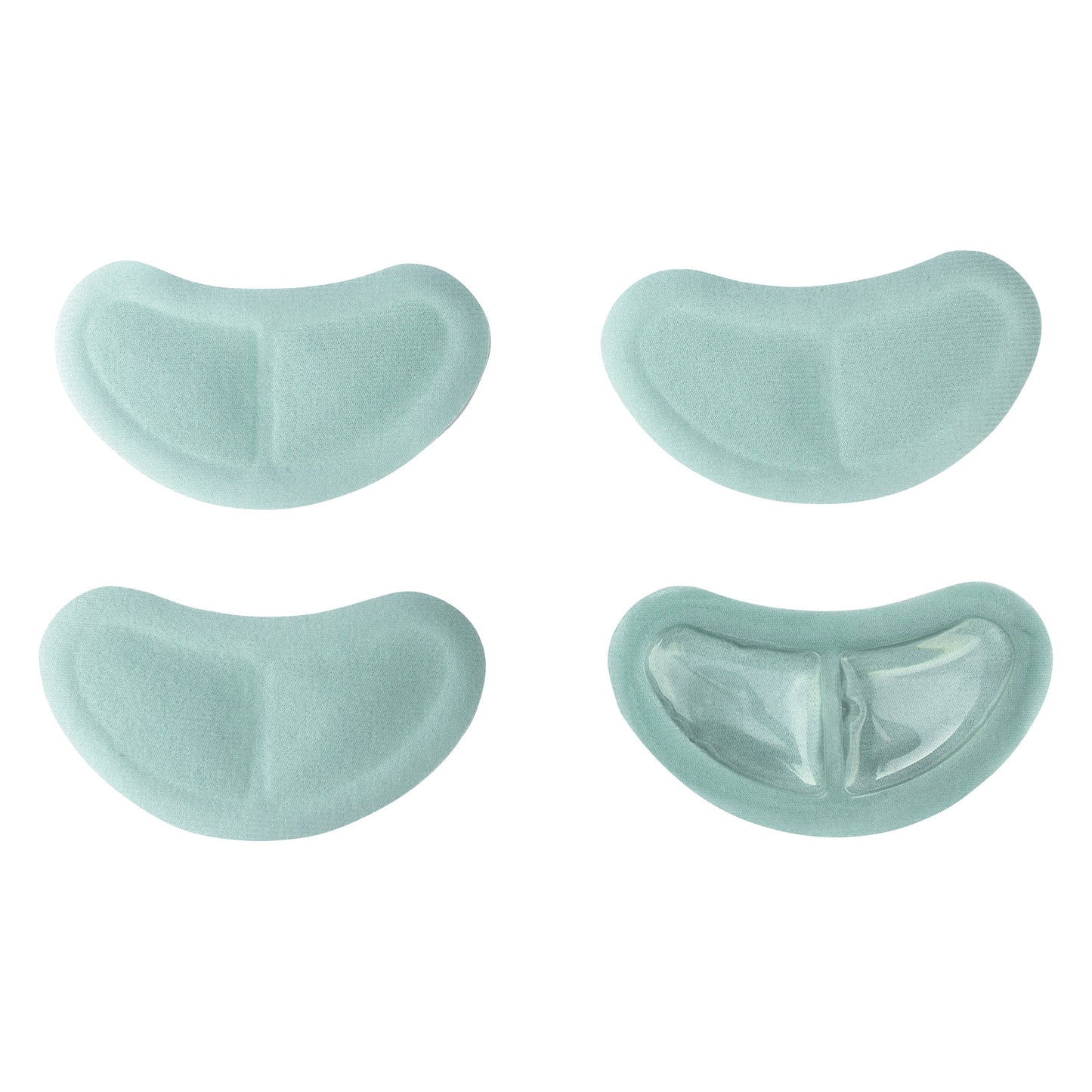 Four crescent-shaped Xena Therapies Opal Cool Gal Pals are shown, with one revealing a clear gel interior.