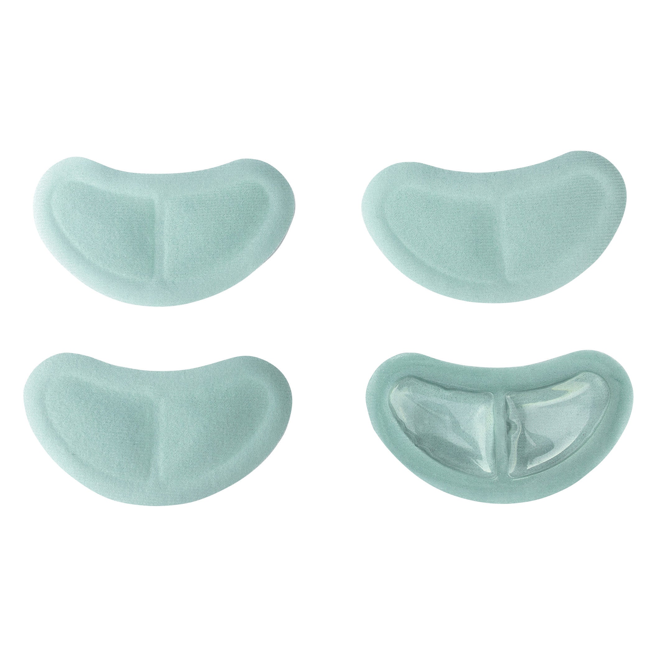 Four crescent-shaped Xena Therapies Opal Cool Gal Pals are shown, with one revealing a clear gel interior.