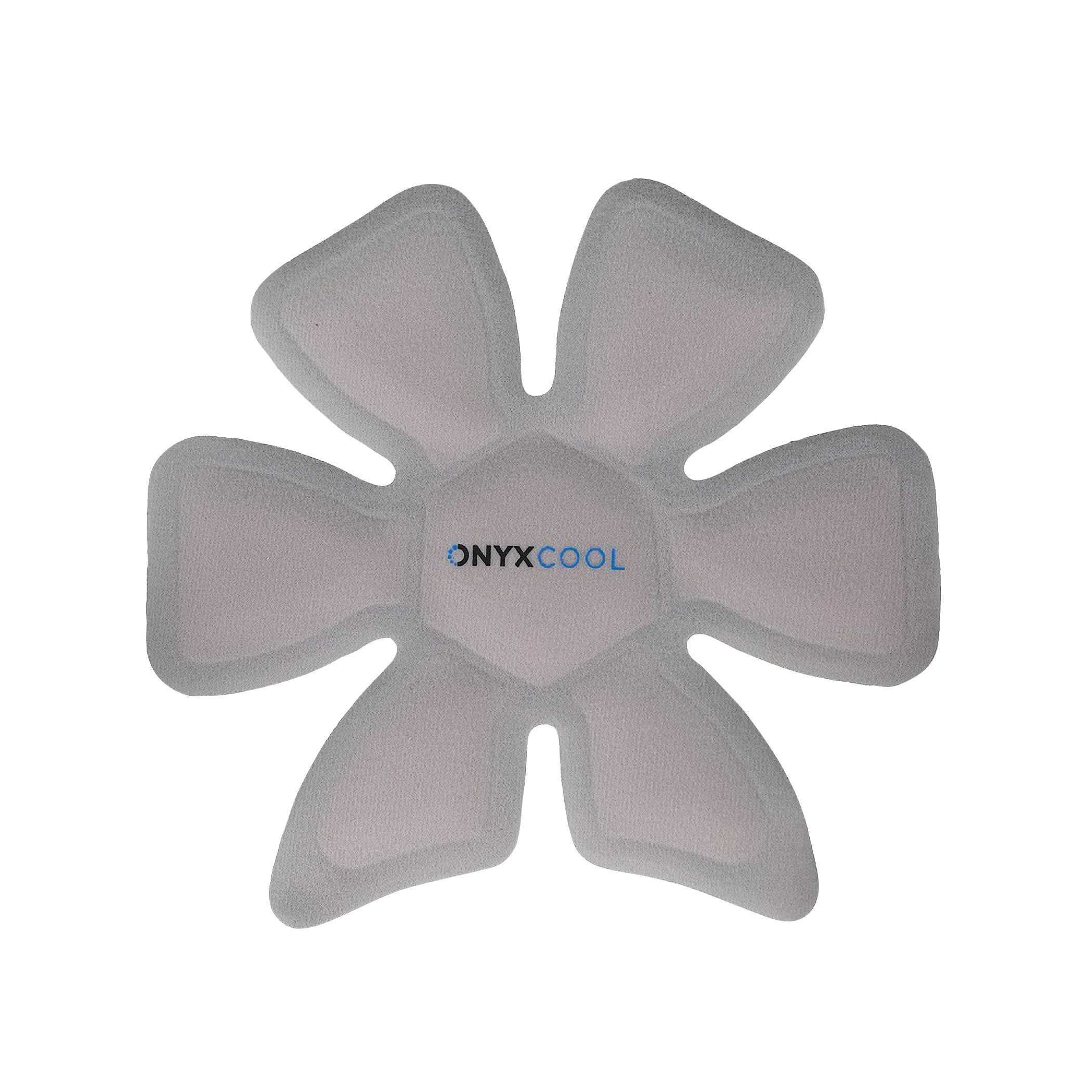 Cooling cap shaped like a flower with six petals, labeled "ONYX COOL" at the center. Product name: Xena Therapies Onyx Cool Cap.