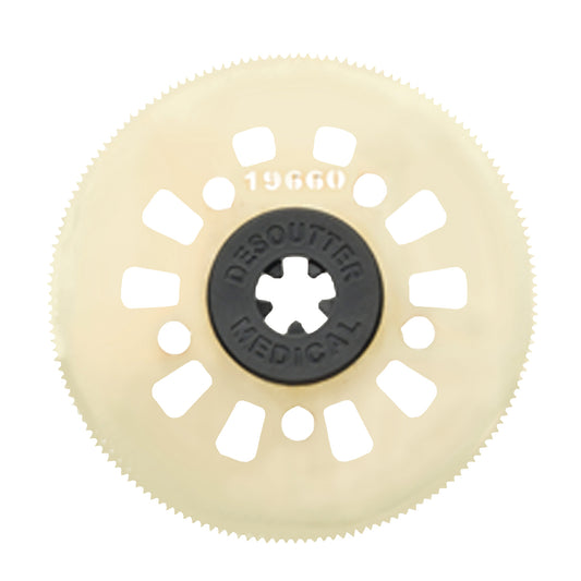 Circular cast saw blade for DeSoutter CleanCast CC7 and CC8 cast saws, featuring cut-out patterns and "Desoutter Medical" text.