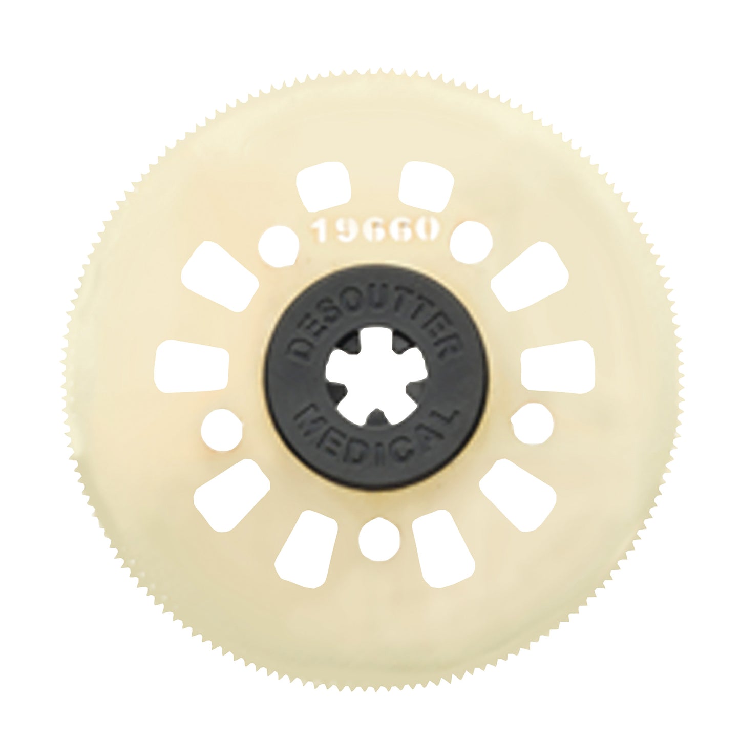 Circular Cast Saw Blade for DeSoutter CleanCast CC7 and CC8 Cast Saw with labeled inner hub and multiple slots.