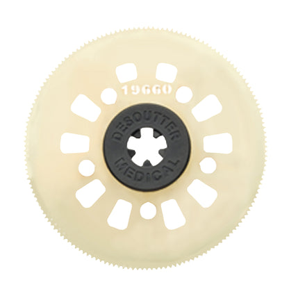 A Cast Saw Blade for DeSoutter CleanCast CC7 and CC8 Cast Saw, featuring a circular design with a toothed edge and central holes.