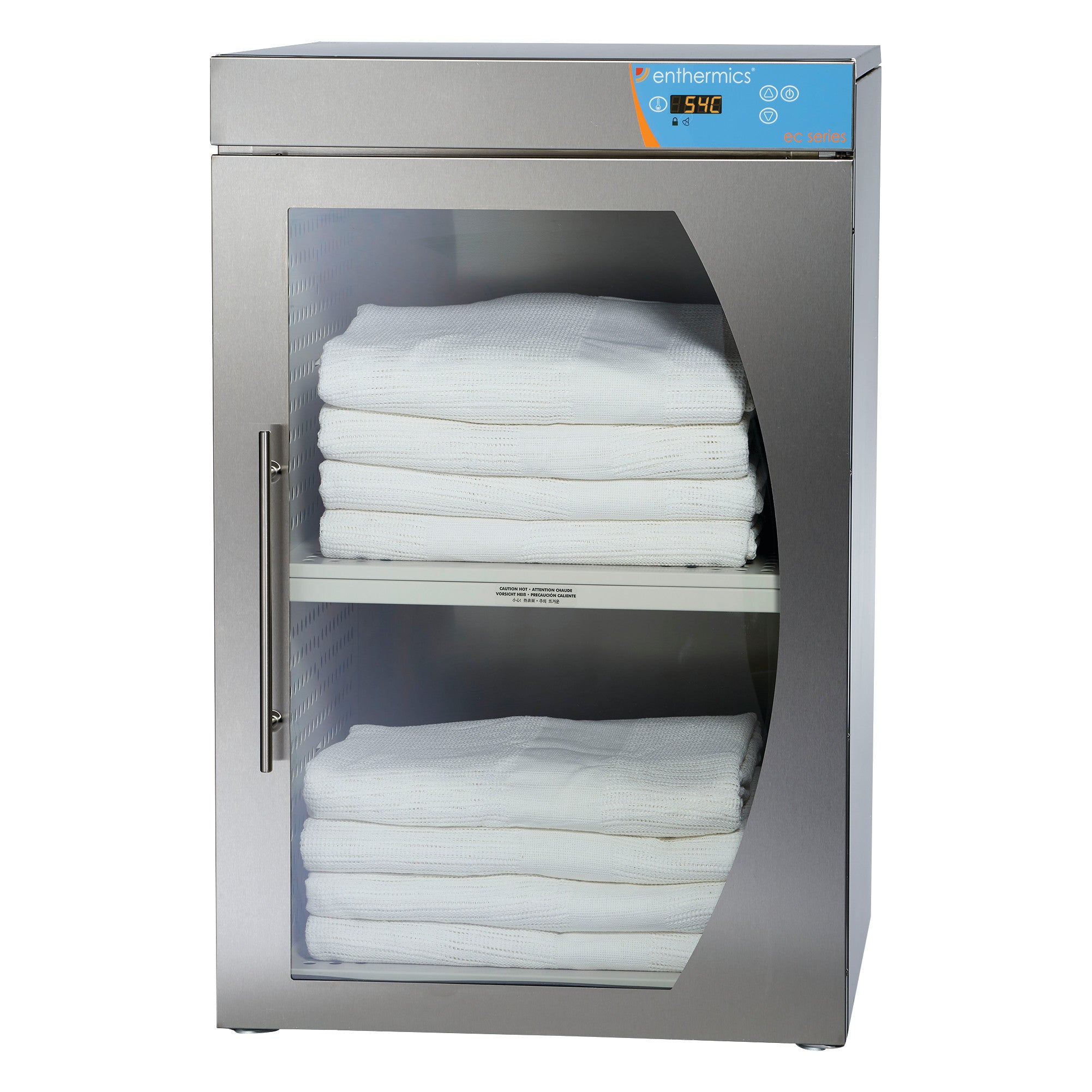 Pedigo Enthermics Blanket Warming Cabinet with glass door, showing neatly stacked white blankets on two shelves.