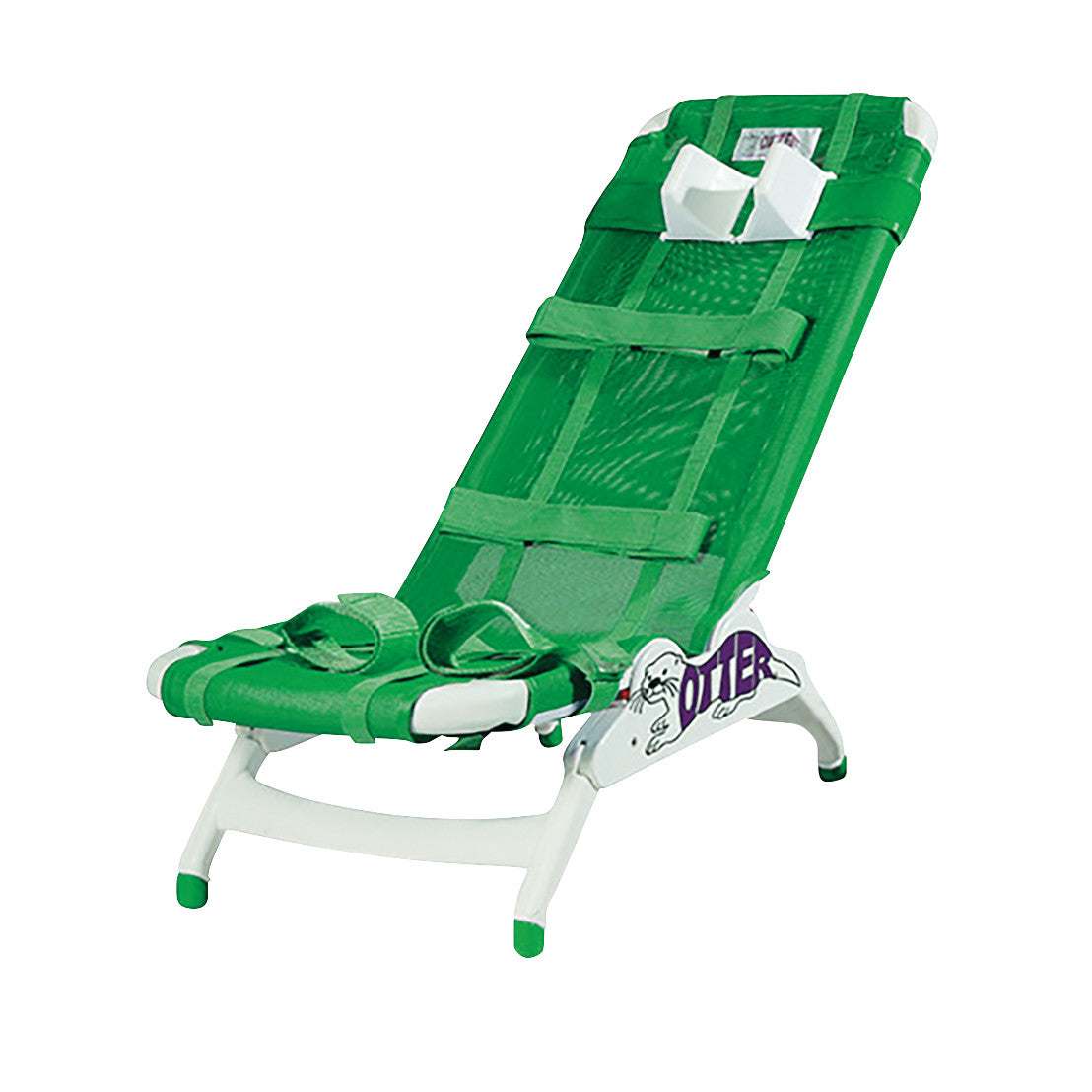 The Drive Medical Otter Pediatric Bathing System is a green reclining bath chair with adjustable straps and a white frame.