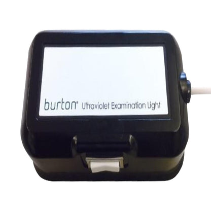 Black rectangular device labeled "Burton Ultraviolet Examination Light" with a white switch and a power cord on the side.