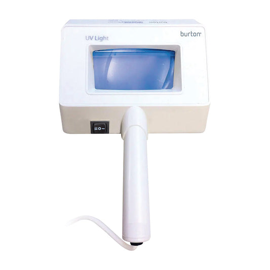Burton UV and White Light with Magnifier features a handle, magnifying lens, and an on/off switch on a white, rectangular frame.