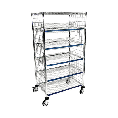 A LogiQuip Suture Cart with a metal frame and three shelves on wheels, designed for organizing and transporting medical supplies.