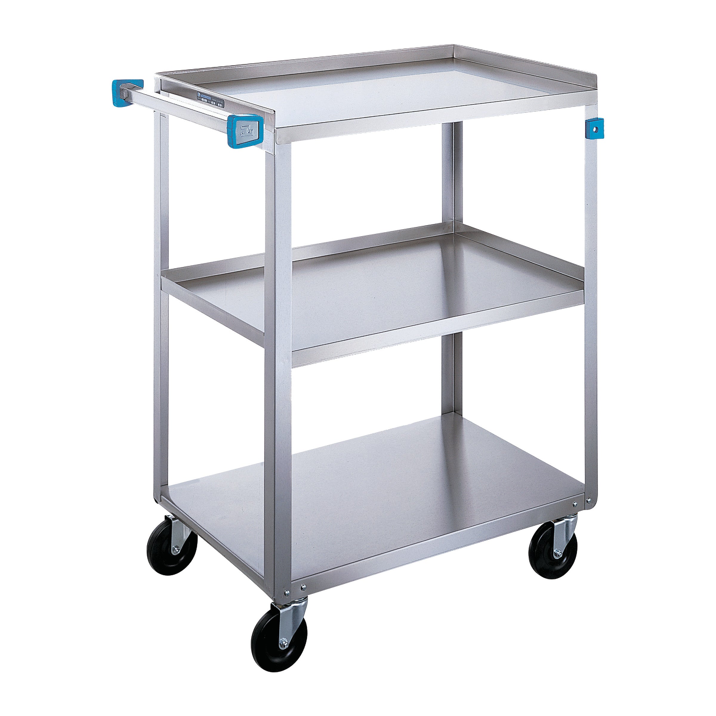 A Lakeside Medium Duty Stainless Steel Utility Cart with three shelves and four black swivel casters is shown.