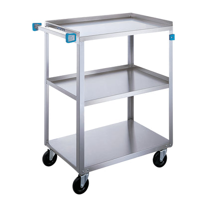 A Lakeside Medium Duty Stainless Steel Utility Cart with three shelves and four black swivel casters is shown.