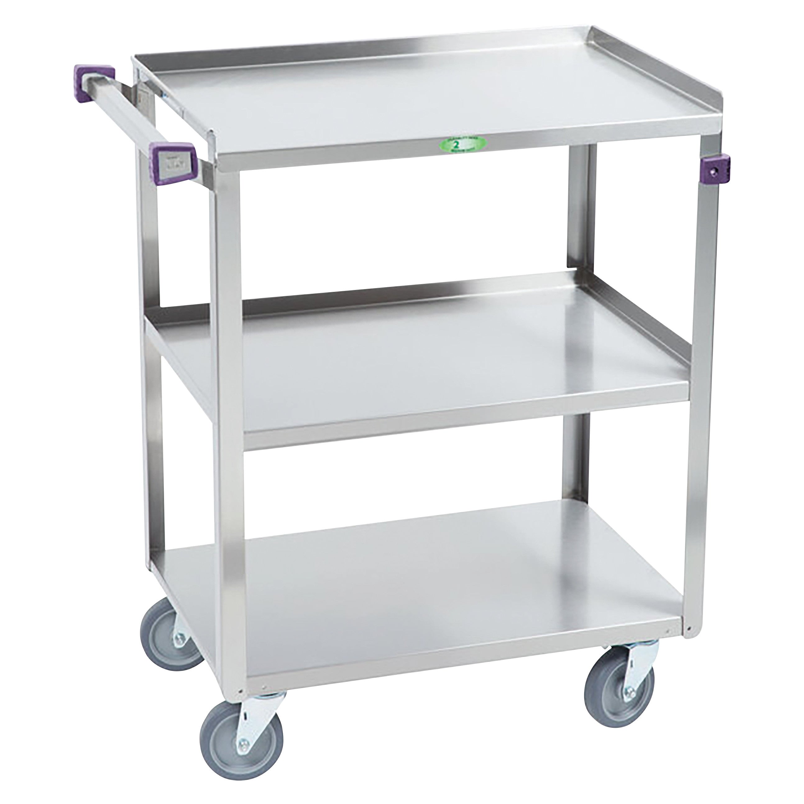 A Lakeside Medium Duty Stainless Steel Utility Cart with three shelves and four wheels. It has a handle for easy movement.