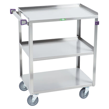 A Lakeside Medium Duty Stainless Steel Utility Cart with three shelves and four wheels. It has a handle for easy movement.