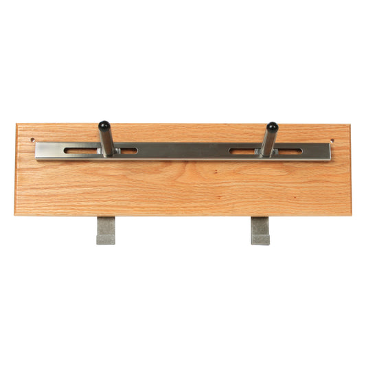 The AliMed Shifter Storage Wall Hanger features a wooden board with a metal rail and two pegs for hanging items.