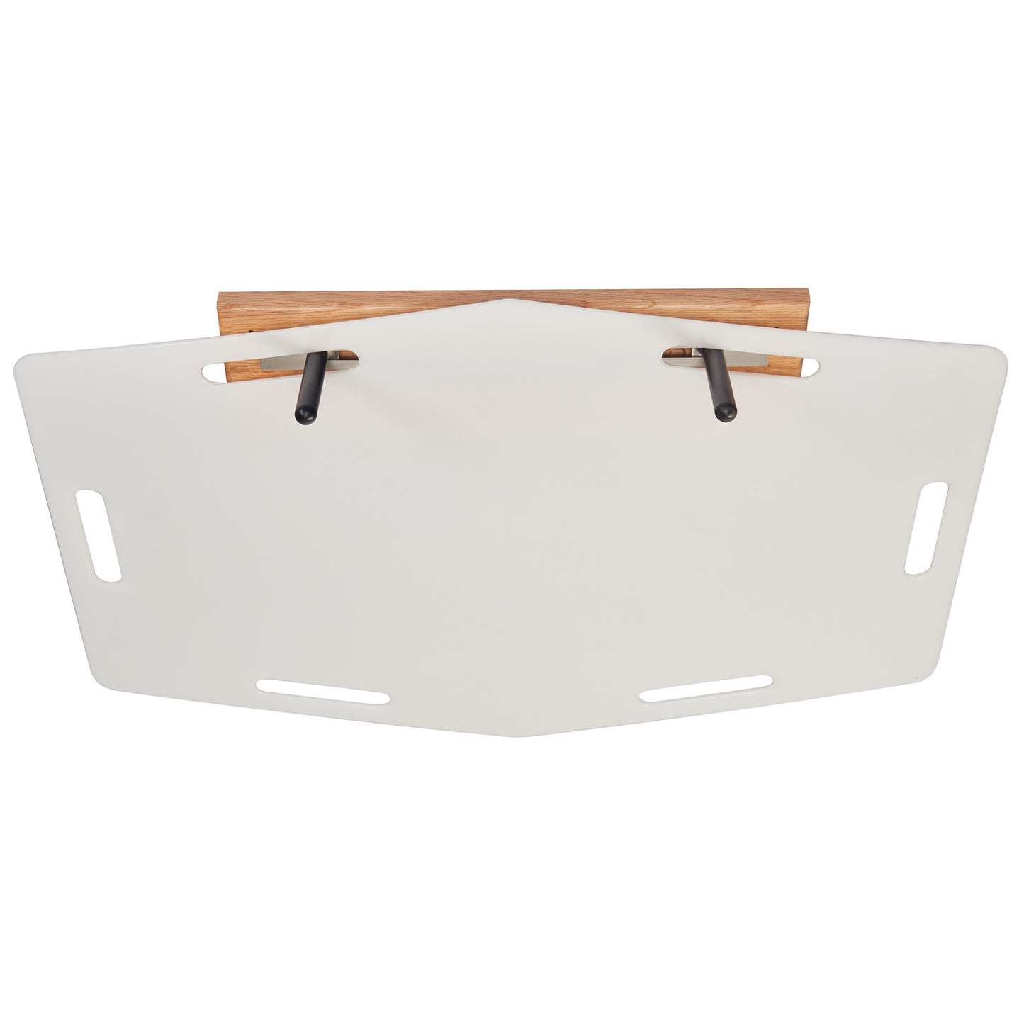 AliMed Shifter Storage Wall Hanger with a white, angular design, two black hooks, and wood accents, featuring side slots.