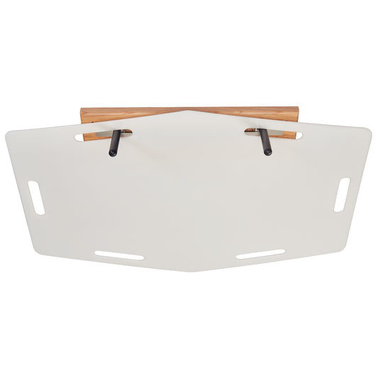 AliMed Shifter Storage Wall Hanger with a white, angular design, two black hooks, and wood accents, featuring side slots.