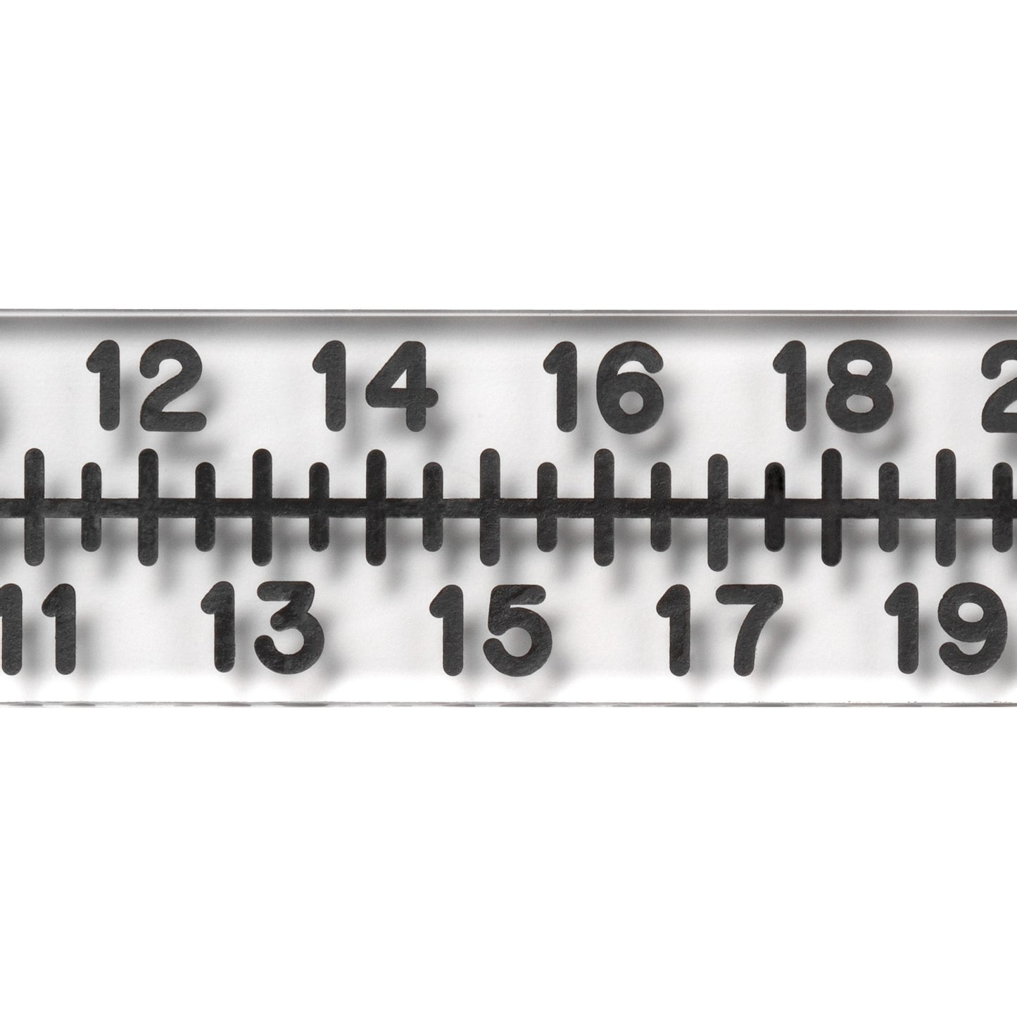 Close-up of a Radiopaque Acrylic Scale, showing numbers 11 to 20 with black markings on a transparent background.